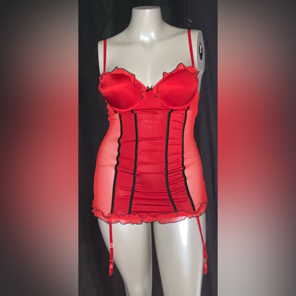 Red Chemise with Sheer Panels and Structured Cups